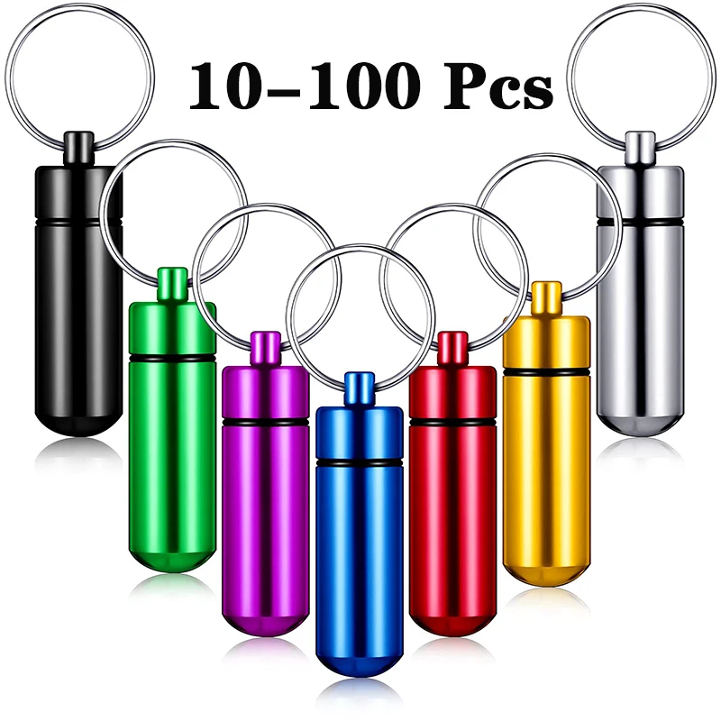 

10-100Pcs Small Portable Pill Case with Keychain Waterproof Aluminum Metal Mini Box Pocket Drug for Outdoor Camping