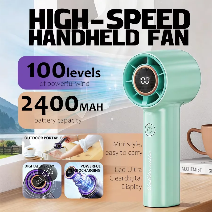 100-Gang-Hochgeschwindigkeits-Handventilator, 2400mAh wiederaufladbarer 2-in-1-USB-Ventilator mit LED-Anzeige, leise und leistungsstark für Reisen, Camping, Wandern.