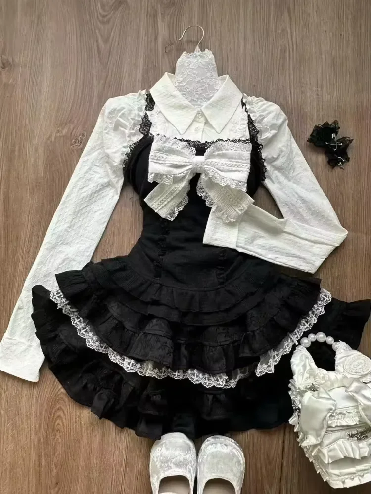Japanese Kawaii Preppy Sweet Two Piece Suit For Women Lace Splice Bow Blouses Y2k Plaid Short Skirt New Trendy Matching Outfits view 5