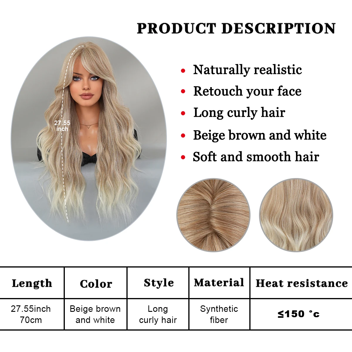 PARK YUN Synthetic Long Loose Wavy Light Brown Wigs Gradient Beige For Woman Daily Party High Density Layered With Bangs