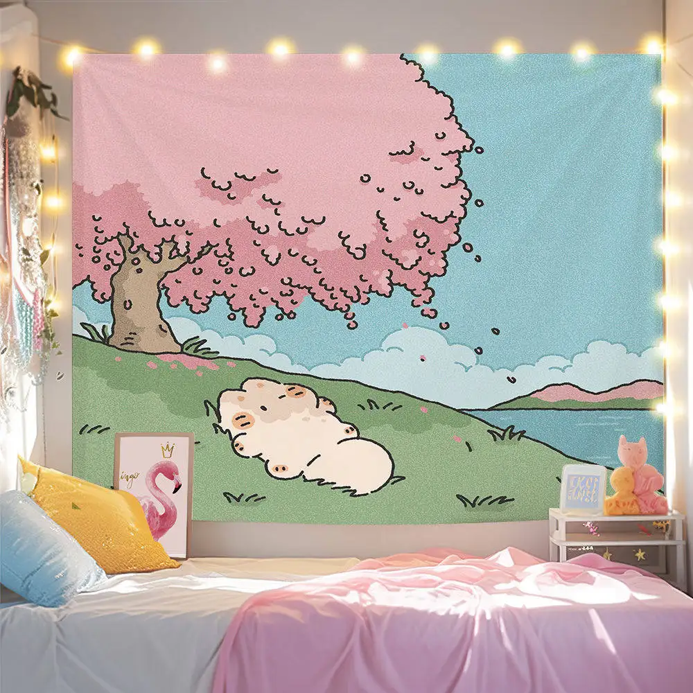VIKAMA Cute Cat Tapestry Kawaii Wall Hanging Cherry Blossom Tree Spring Decor Aesthetic Art for Bedroom Dorm Room Girl Gift