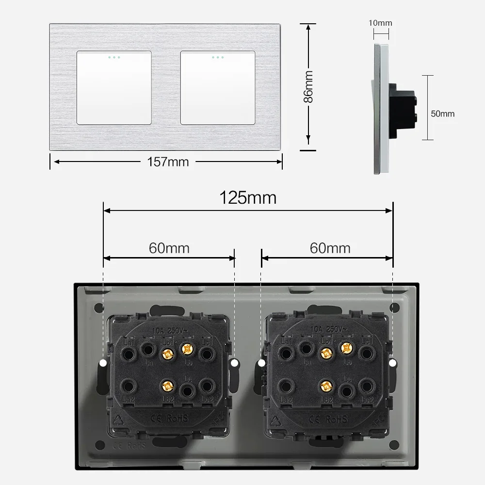 TAWOIA Luxury Aluminum Panel Double 1 2 3 4 Gang 1 / 2 Way Wall Light Push Button Light Switch 10A Push Button Switch