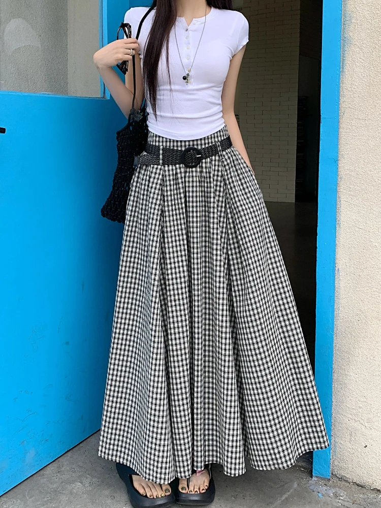 

High Quality Black and White Skirt with Belt Korean Fashion High-waisted A-line Skirt Female Elegant Pleated Long Faldas New
