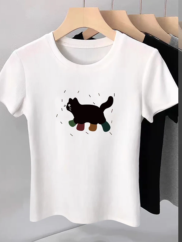 패셔너블한 여성용 캐주얼 슬리 여름 상의 한국 버전 슬림 핏 면 폴리에스터 혼방 라운드 넥