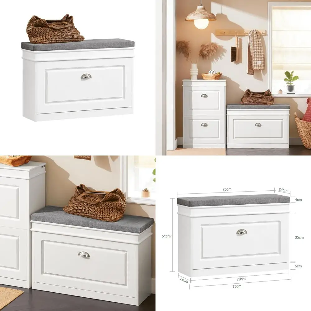 

Shoe Storage Bench for Entryway - Narrow Shoe Cabinet with Cushion and 2 Tiers Flip Drawer, Ideal for Closet, Hallway, Mudroom