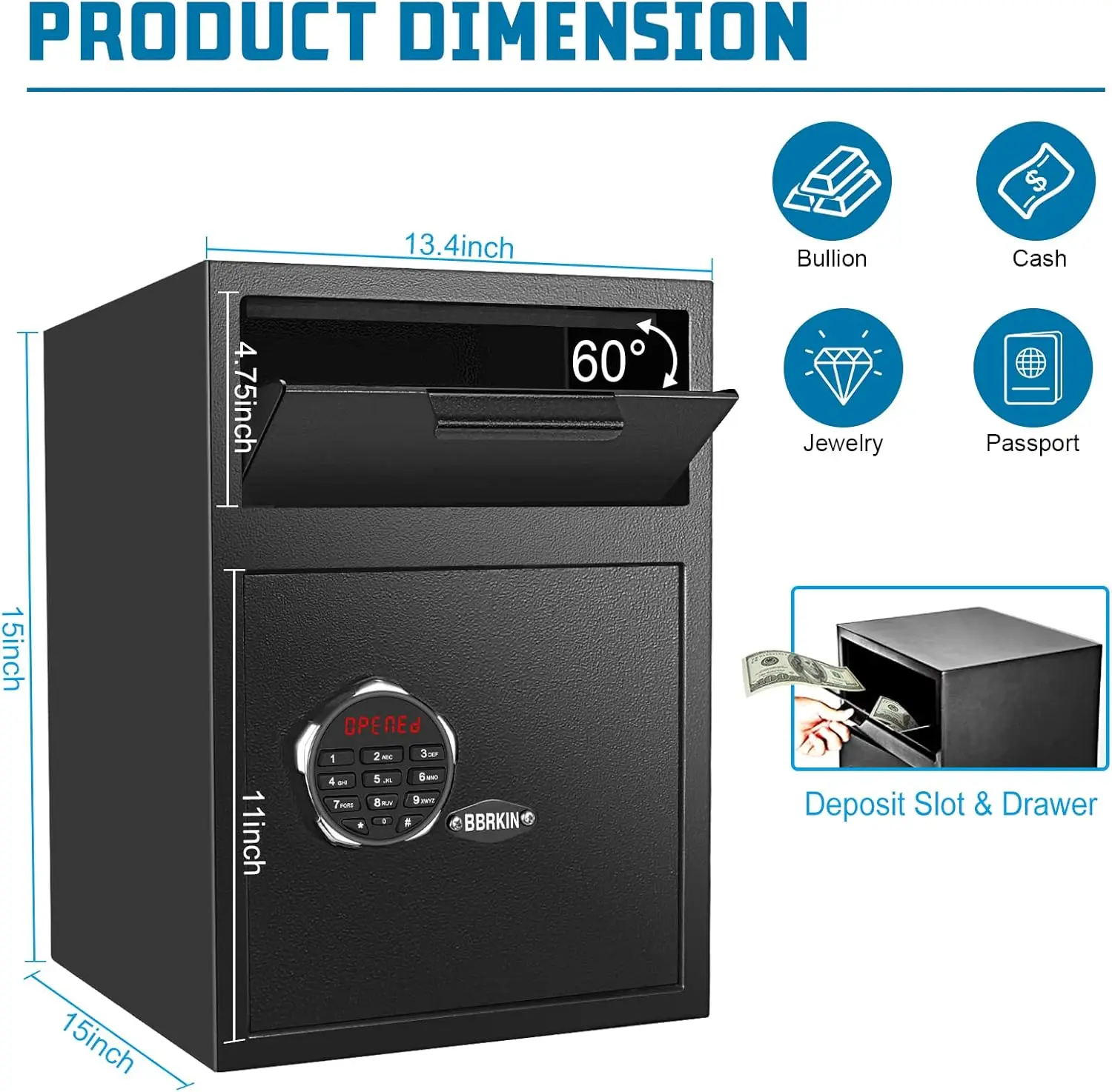 Depository Drop Safe, Deposit Cash Lock with Electronic Keypad Combination & Key Backup, with Metal Hardwheel, Digital Screen &