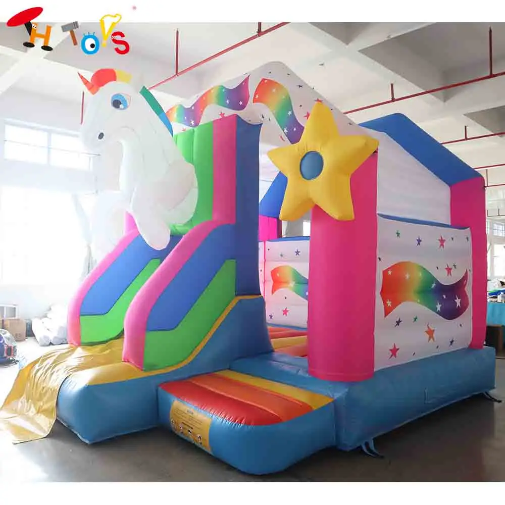 Snelle verzending 4,5x4m opblaasbare glijbaan uitsmijter paard cartoon mooie lucht springkasteel combo met luchtblazer