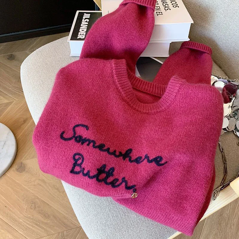 Embroidery Pink Sweater Women Pullovers O Neck Loose Knitwear Jumper Female Korean Popular Clothes Soft Sweater Tops