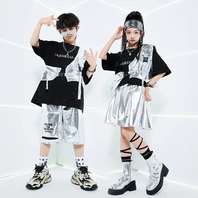 Kids Black T-shirt Hip Hop Silver Vest Street Dance Shorts Girls Sequin Skirt Teens Boys Jazz Clothes Sets Summer Stage Costumes