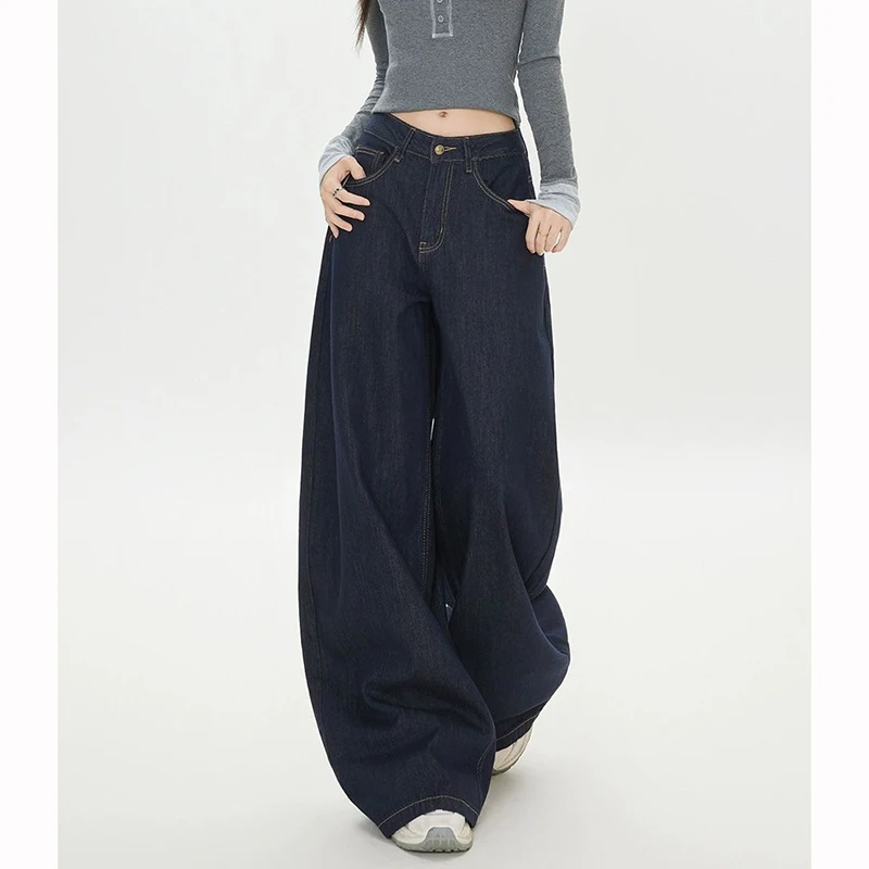 Girls Chic Retro Baggy Straight Leg Jeans Female Ins Blue High Waist Denim Pants Women Korean Casual Fashion Trousers