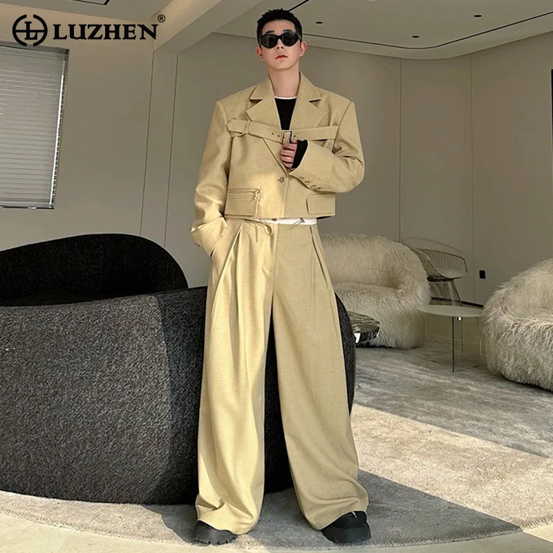 LUZHEN Spring New Original Belt Splicing Design Short 2025 Blazer Coat Men's Elegant Loose Straight Pants Two-piece Sets JY2597