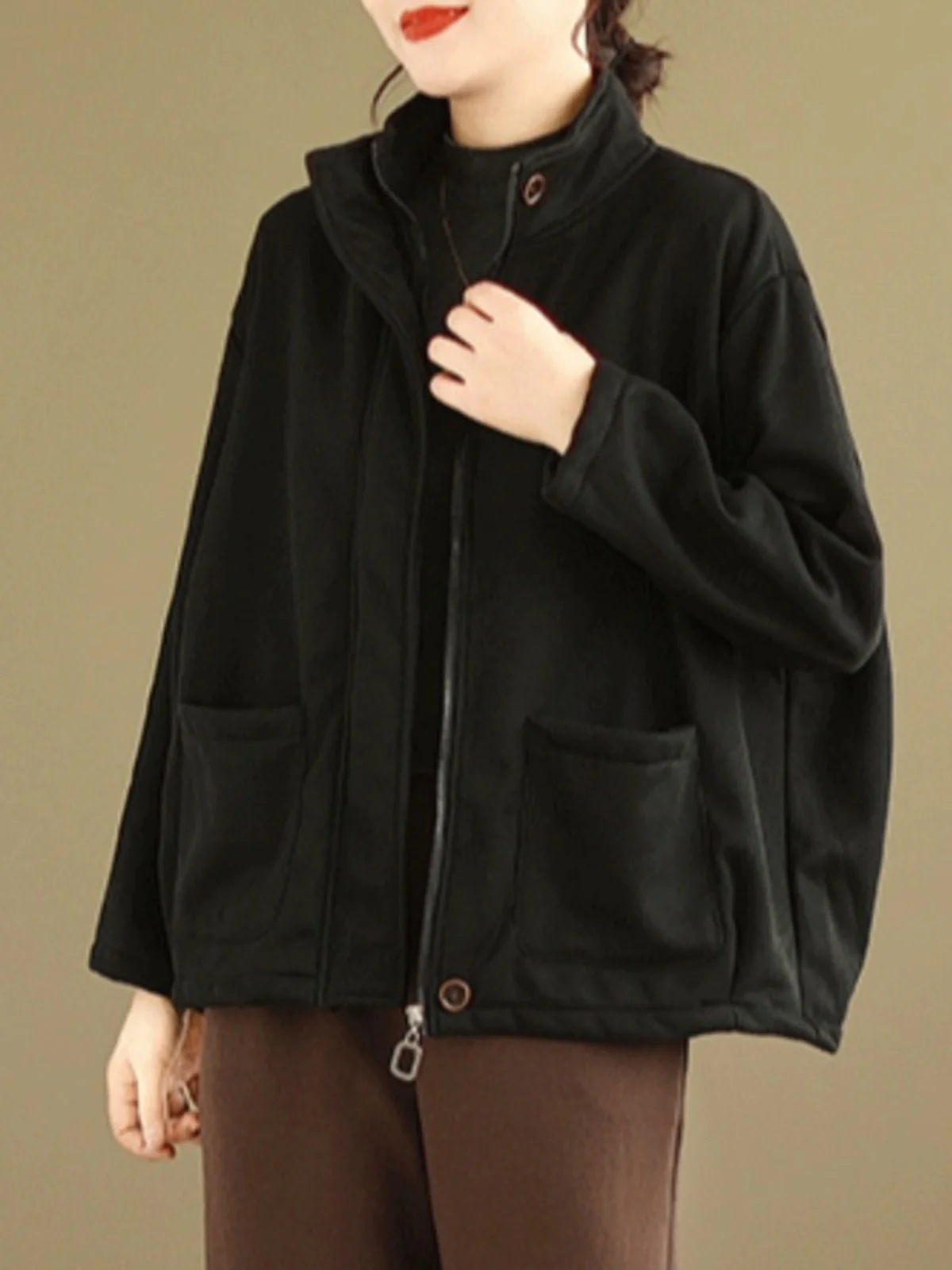 Cardigan da donna con colletto alla coreana foderato in Fce, capispalla casual allentato e caldo, vintage Faion autunno inverno