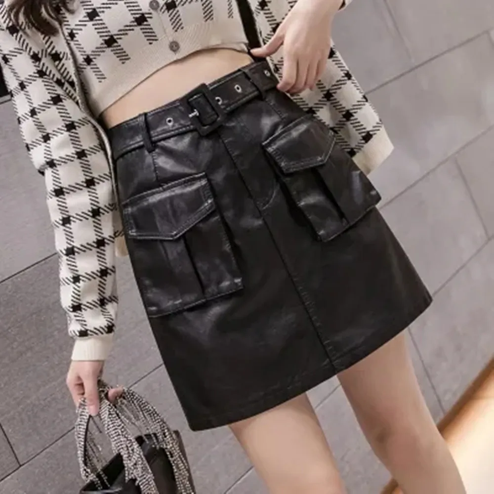 

2024 Femal Girl Fashion Double Pockets PU High Waisted Skirts Korean Mini Leather Y2k Skirt with Belt