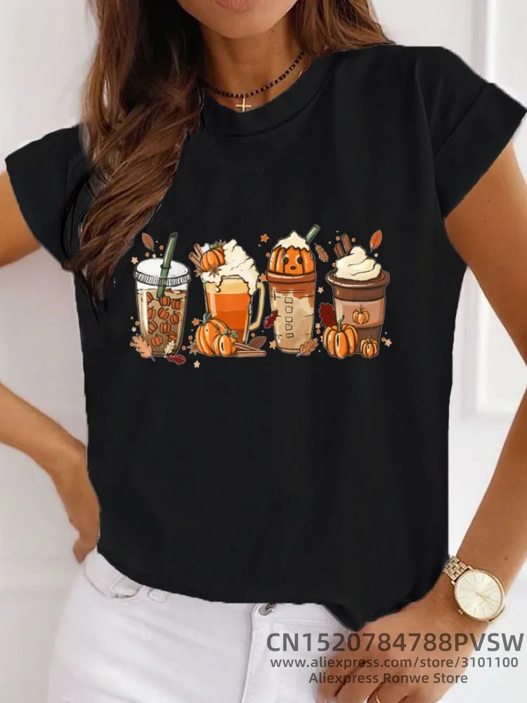 Frauen Halloween Kürbis Kaffee Latte Trinken Tasse Gewürz T-shirt Täglichen Mädchen Y2K Harajuku T Tops Weibliche Sreewear Kleidung