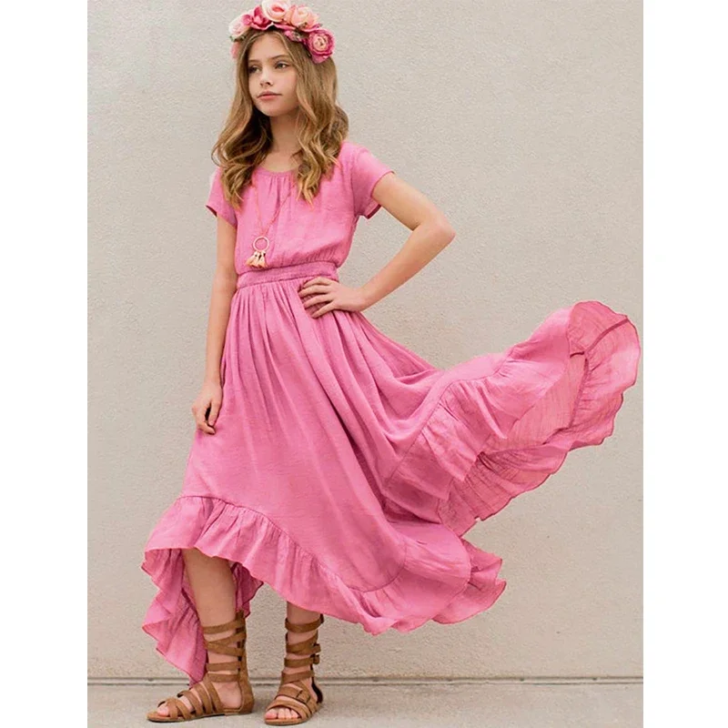 

Lace Bow Tie With Exposed Back Princess Dresses For Girls Children Party Custom Clothes 3-14Y Teenaged New Summer Girls Dress