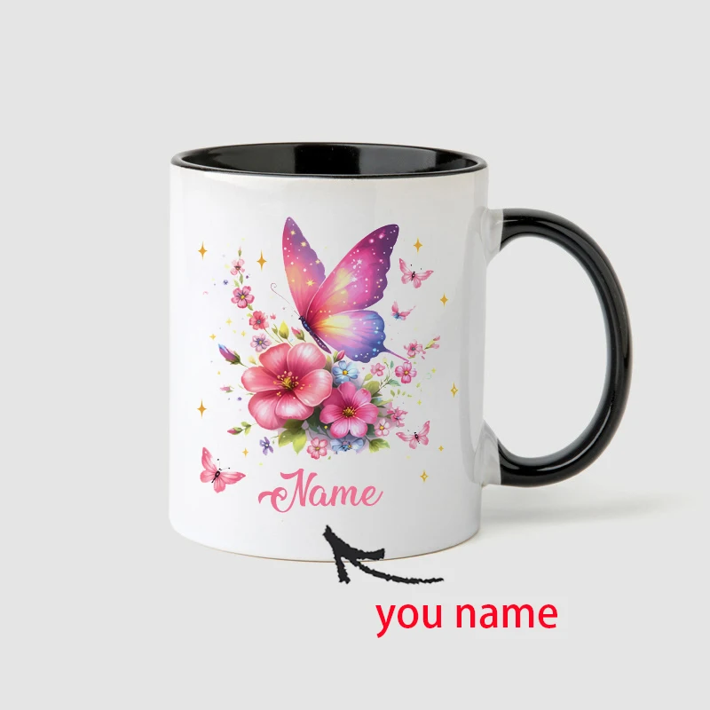 Personalized ceramic mug, featuring a large pink and purple butterfly, a custom-named coffee mug – the perfect gift for family.