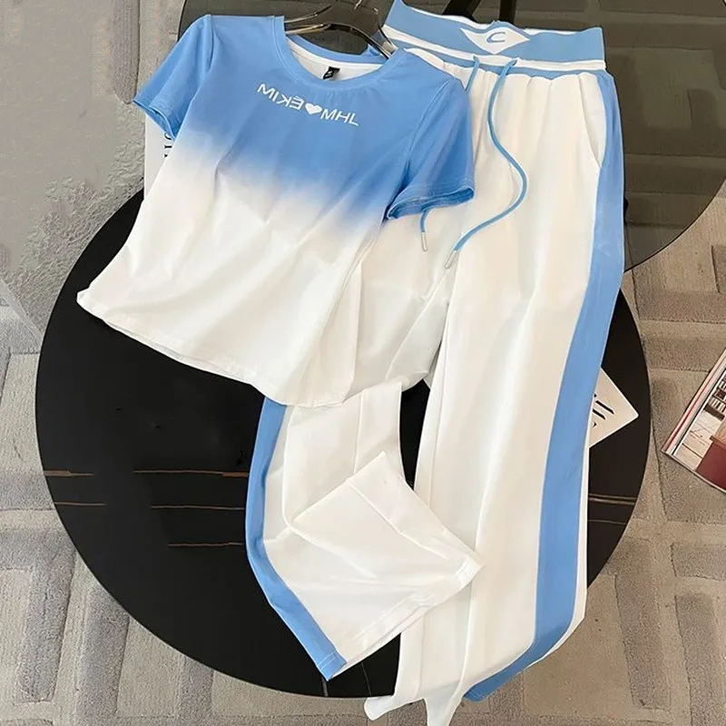 2025 Spring/Summer New Fashionable Gradient Short Sleeve+High Waist Wide Leg Pants Casual Two Piece Set