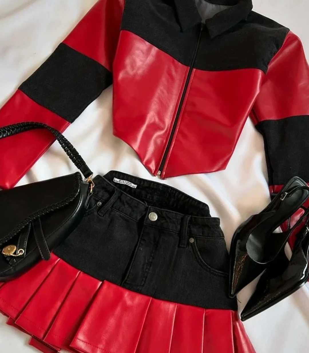 New Retro Denim Splicing Leather Two Piece Set Womens Harajuku Autumn Winter Zipper Long Sleeved Jacket Sexy Short Skirt Suitk