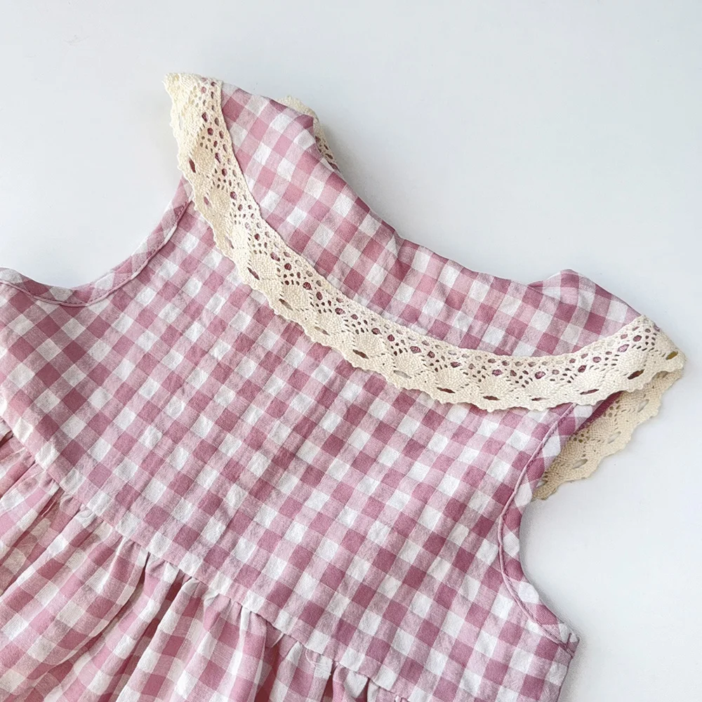 Casual Landschaft Stil Sommer Neue Spitze Revers Ärmelloses Plaid Kleid für Mädchen Süße Kleidung Koreanische Version – Detail 13