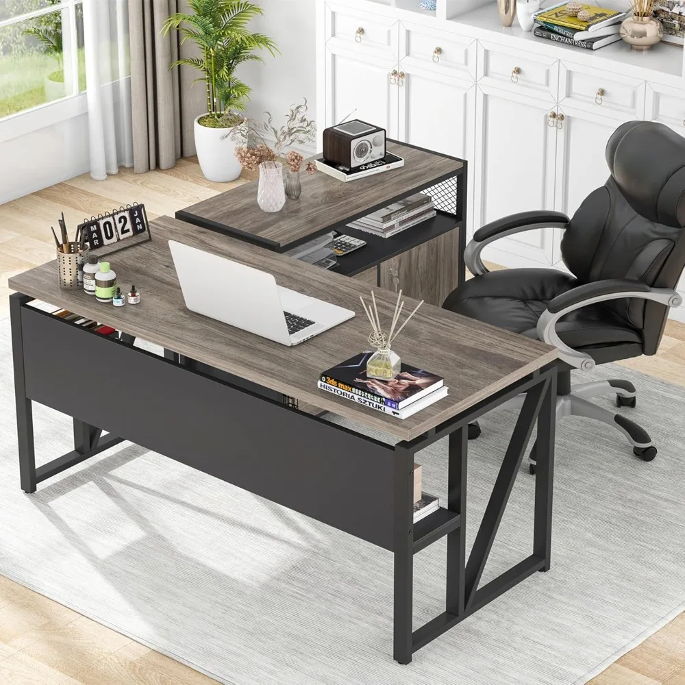 L Shaped Desk with Drawer Cabinet, 55