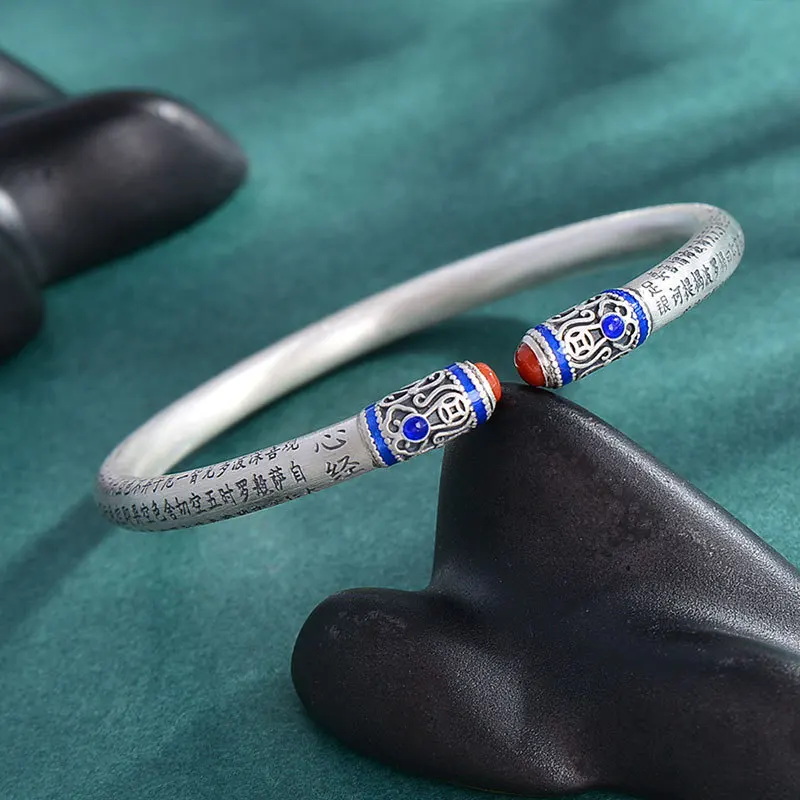 

Classic Enamel Blue Heart Sutra bangles Ethnic Style Retro charm bracelet for women Exquisite Red Banquet Jewelry