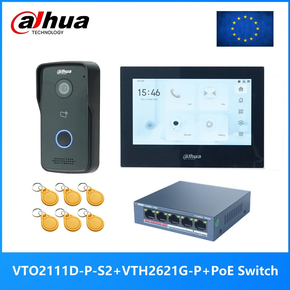 Dahua Multi-Language IP Video Intercom KIT,VTO2111D-P-S2 & VTH2621G-P & PoE switch,support phone app, RFID Card Unlock