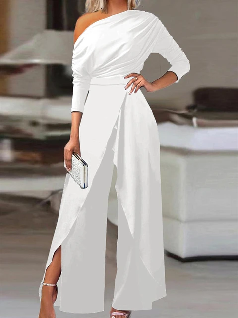 Tute eleganti per le donne 2024 primavera nuova pianura elegante ufficio signora sciolto increspato spalla fredda orlo diviso gamba larga tuta AliExpress