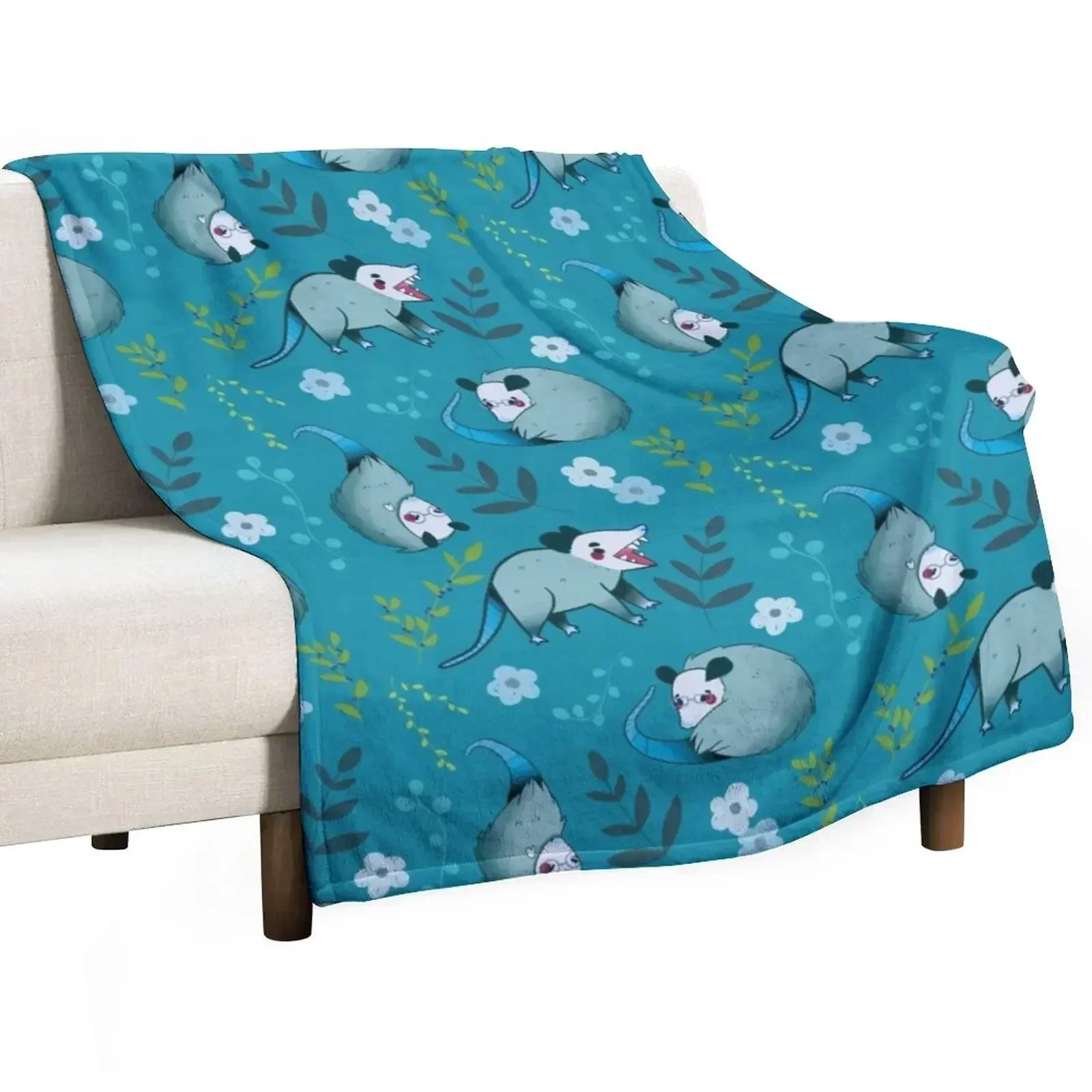 Possum - Cute Blue and Green Cartoon Animal Pattern Throw Blanket Nap Sofa Custom Comforter halloween Sofa Quilt Blankets