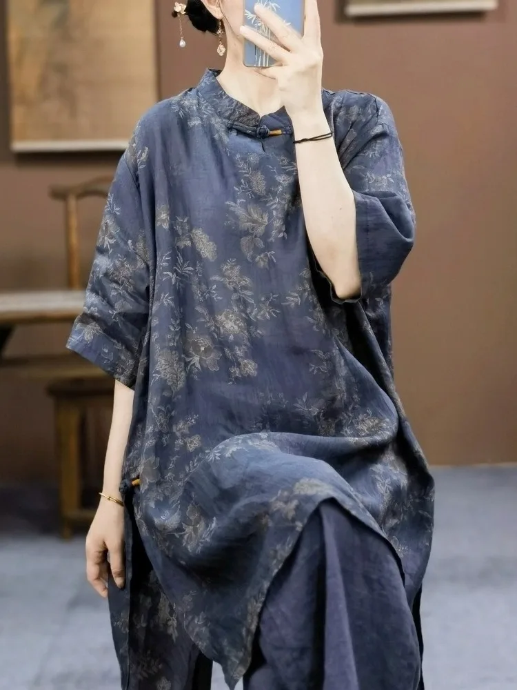 

Retro Chinese Sle Women's irt Floral Print Linen Mid-Length Five-Sve Stand Collar Asymmetrical Hemline Top