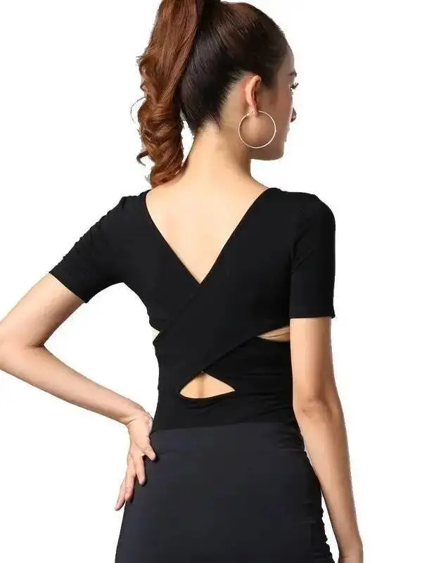 Haut de danse latine pour femmes adultes, nouvelle tenue de danse moderne, pratique ajourée, coupe cintrée, T-shirt latin, robe de danse