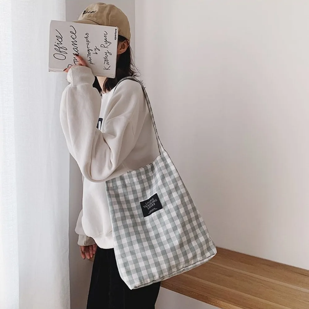 Cotton Linen Shoulder Bag Fashion Square Large Capacity Canvas Handbag Check Plaid Student Books Bag Ladies