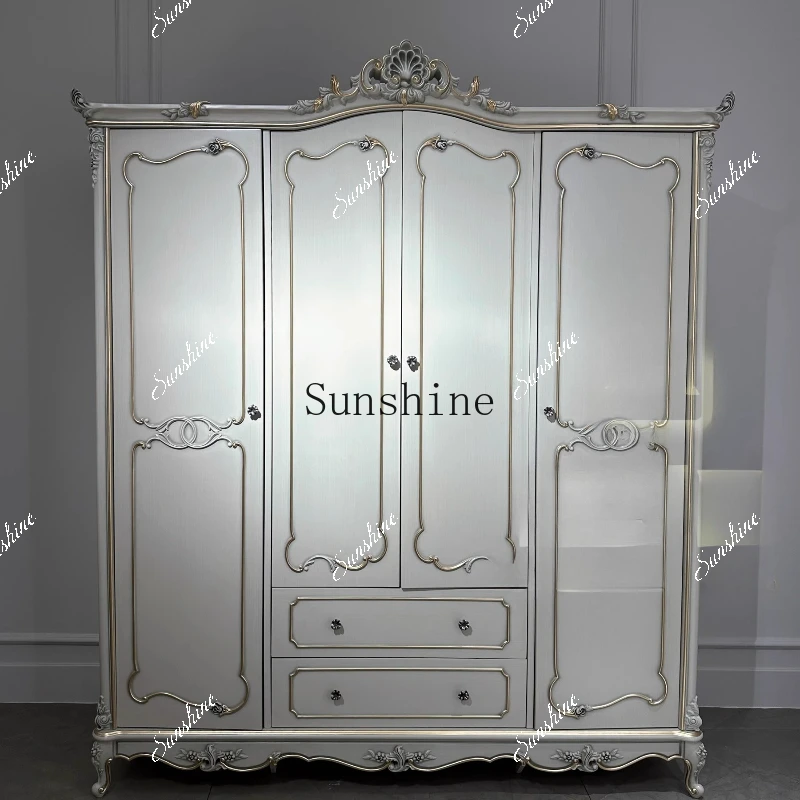 High-end French light luxury cream style retro solid wood carving flower villa flat four-door wardrobe  FT