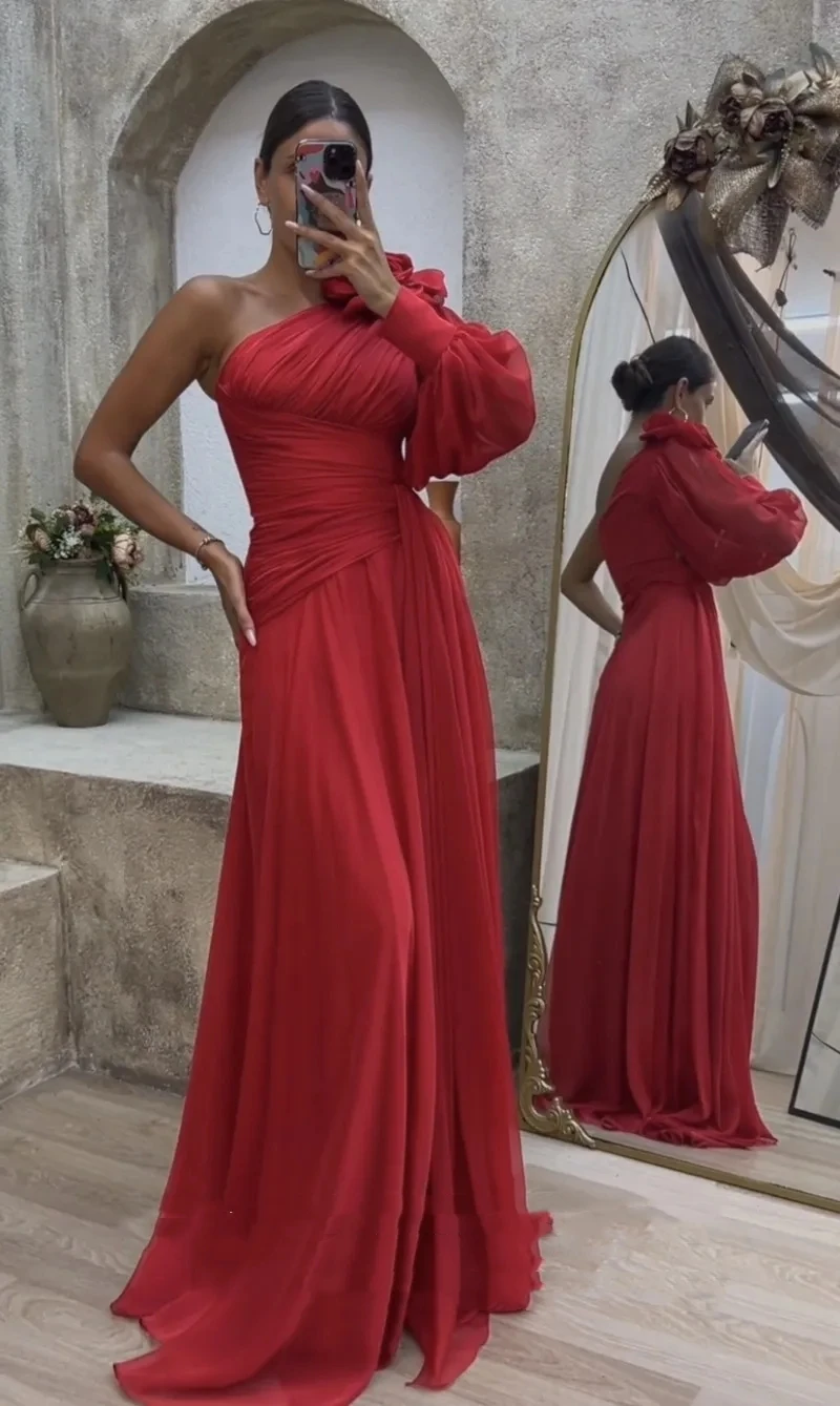 

Romantic Red Chiffon Evening Dress One Shoulder Long Sleeve Beach A-Line Floor Length Arabic Formal Celebrity Prom Party Gown