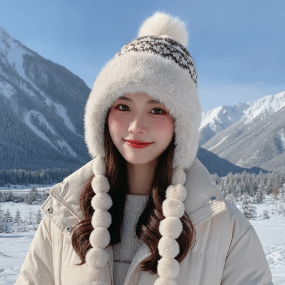Fleece Lined Pompom Braids Hat Fur Brim Soft Yarn Fleece Knit Beanie Striped Knit Thermal Fur Trim Trapper Skating