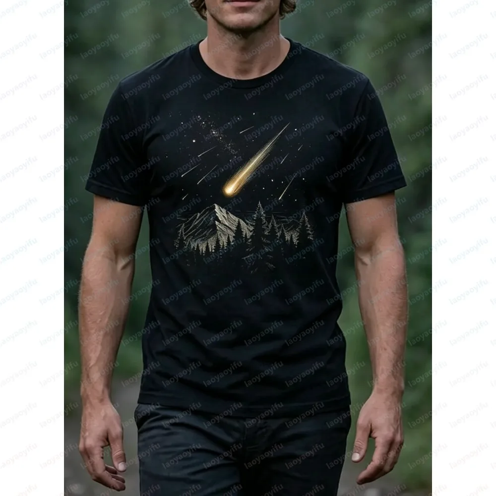 Fashion Unisex Summer Short Sleeve T-Shirt Starry Sky Mountain Forest Meteor Print Comfort Cotton Tee Nature And Camping Lovers