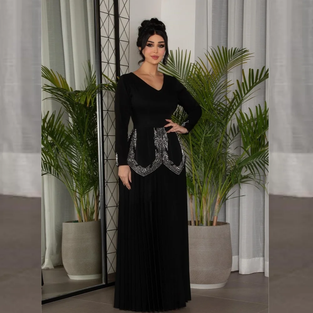 Customized  Jersey Applique Draped Formal Evening A-line V-Neck Bespoke Occasion Gown Long Dresses Saudi Arabia  es es