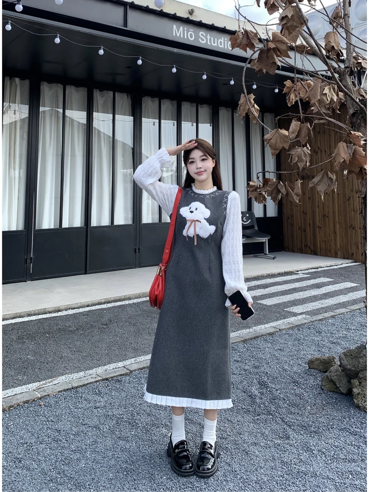 

plus Size Faux Two-Piece Woolen Vest Dress Loose Slimming Design Autumn Winter New Style Korean Version Long Skirt for Women