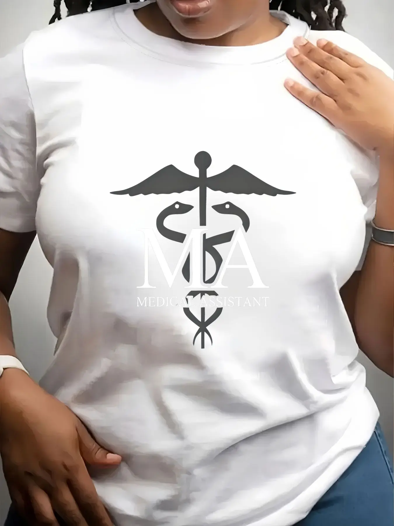 Women's Trendy Crew Neck T-Shirt Medical Assistant Caduceus Symbol Print Suitable for Casual Sportswear