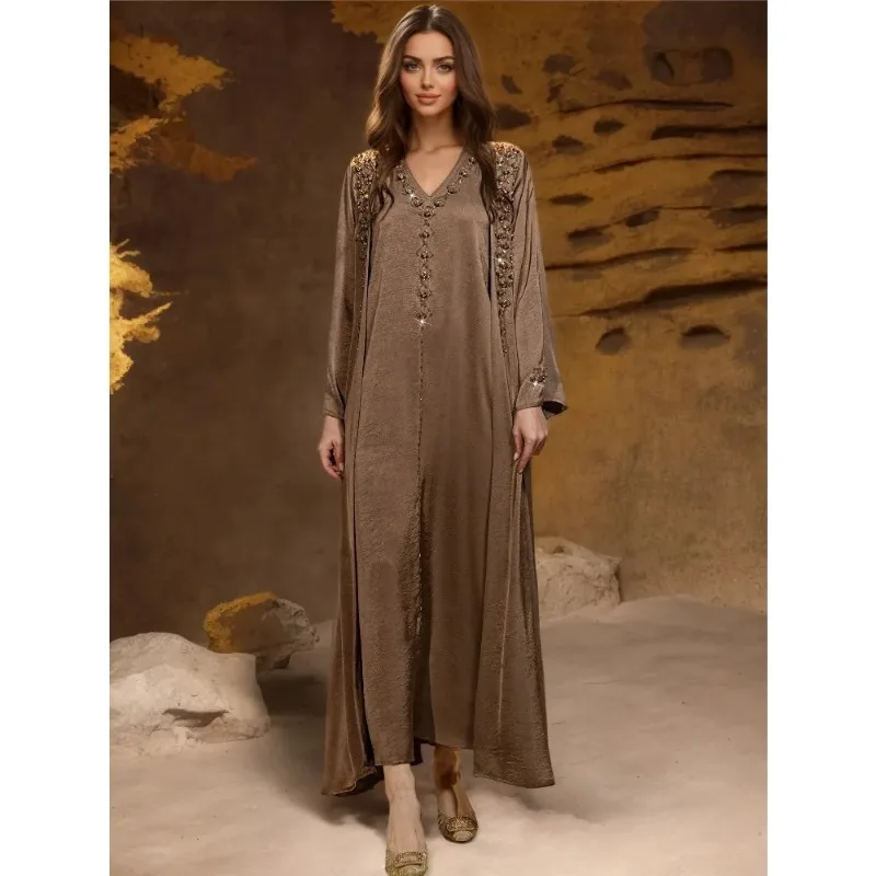 Muzułmańska sukienka damska Hijab 2-częściowy zestaw Eid Lantern Sleeve Maxi Long Dress Islamska odzież Caftan Kimono Big Swing Abaya Dresses — zdjęcie 3