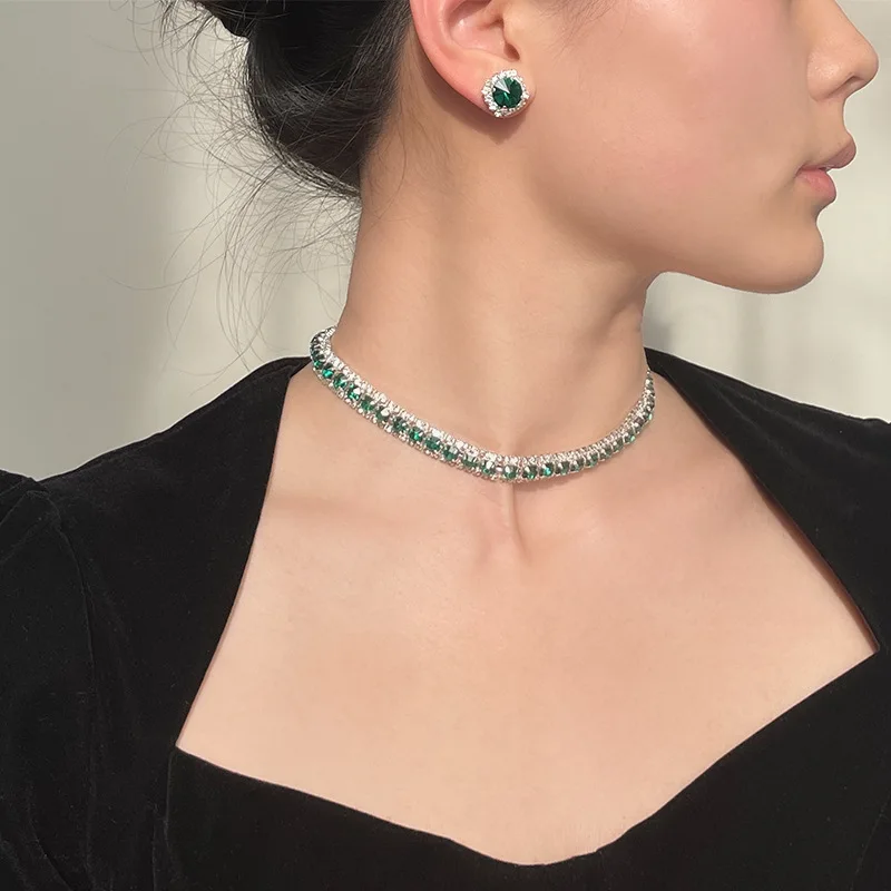 Fashion Trend  Design Elegant Delicate Light Luxury Green Zircon Necklace Women Jewelry Party Premium Stud Earrings Gift