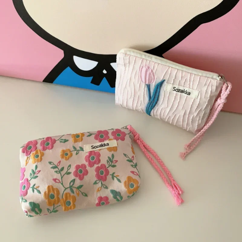 Women Cute Floral Clutch Purse Lipstick Bag Mini Small Zipper Coin Purse  Key Wallet Lady Cotton Travel Makeup Storage Bag Pouch