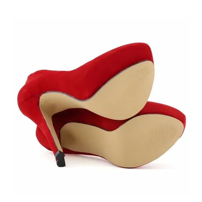 النساء منصة مضخات خنجر مثير 14 سنتيمتر سوبر عالية الكعب الإناث أصابع مستديرة ملهى ليلي فستان الحفلات أحذية الزفاف الحمراء حجم كبير 44