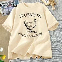 Camiseta de algodón de manga corta con estampado de búho fluido para mujer, camisa divertida con estampado de pollo, ropa de calle