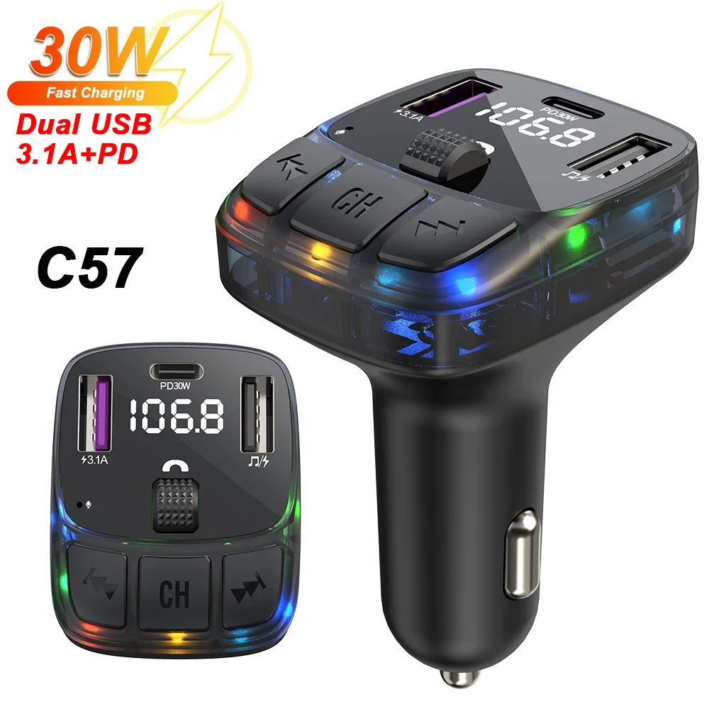 Bluetooth FM Transmitter with Dual USB 3.1A Car MP3 Player Auto Radio Handsfree Charger PD30W Fast Charger Car Audio Accessory