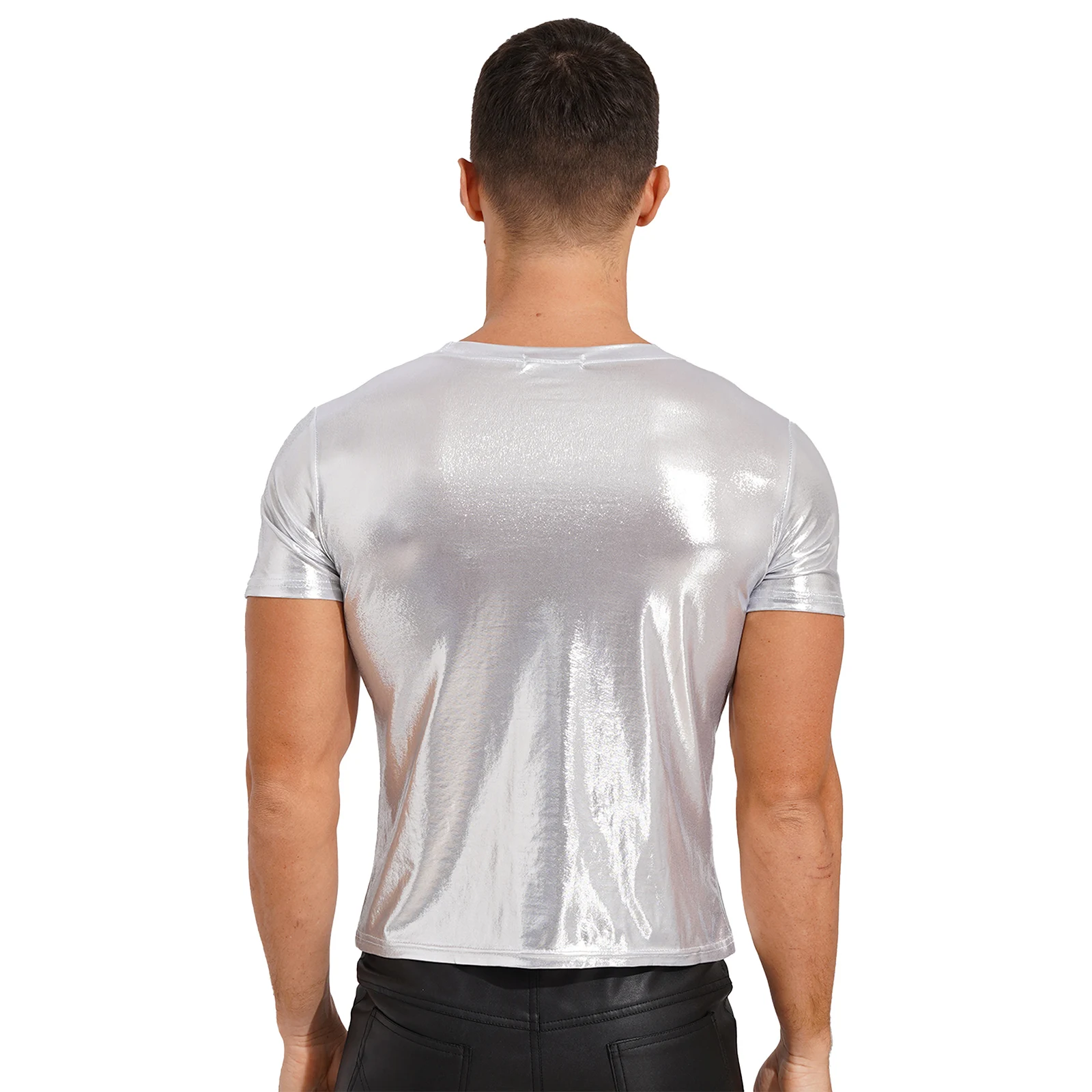 Mens Shiny Metallic T-shirt Tops Male Clothing Round Neck Glossy Solid Color Short Sleeve Pole Dance Party Rave Festival Outfit