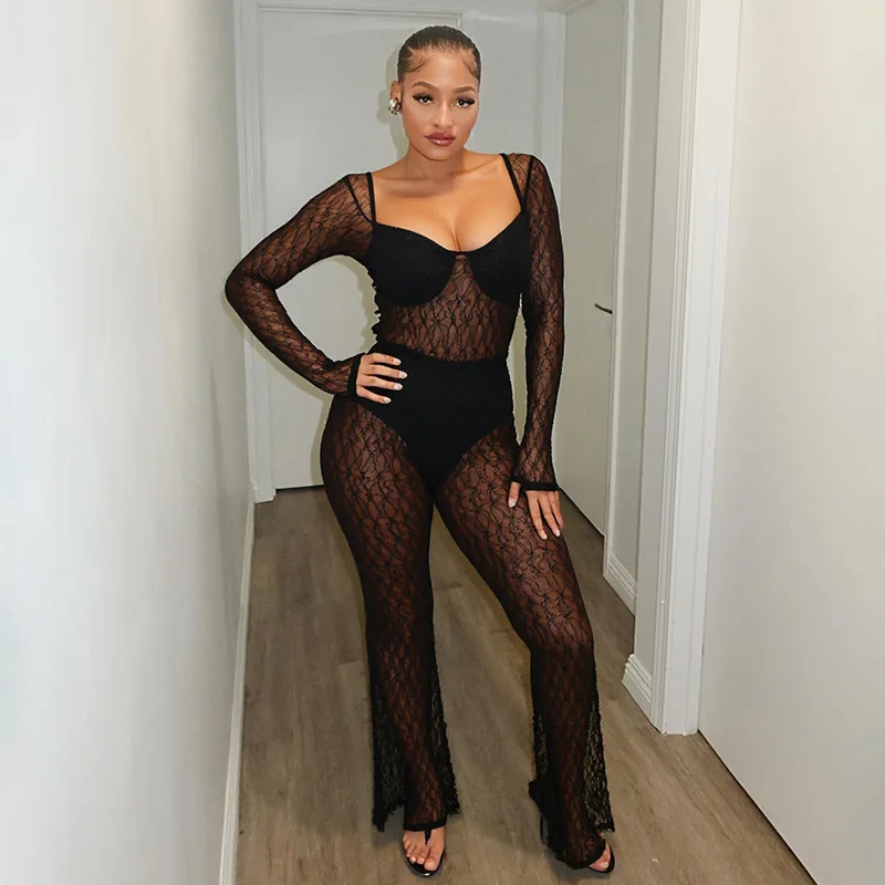 المرقعة انظر من خلال شبكة الدانتيل مضيئة حللا المرأة مثير ساحة الرقبة طويلة الأكمام ضئيلة النادي الليلي وزرة الحفلات الشارع الشهير