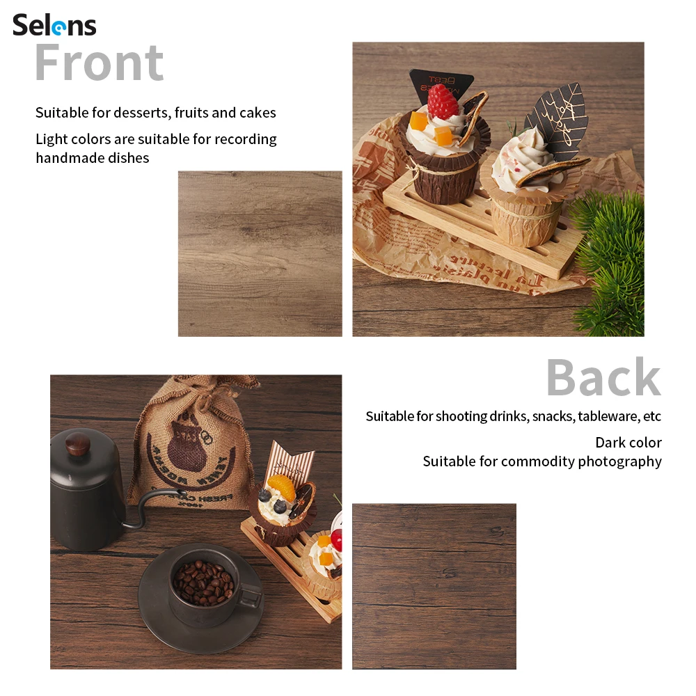 Selens 55x55cm Photography Backdrop Boards Kit 2Pcs Flat Lay Tabletop Vertical Double Sided Wood Texture Cement Backdground