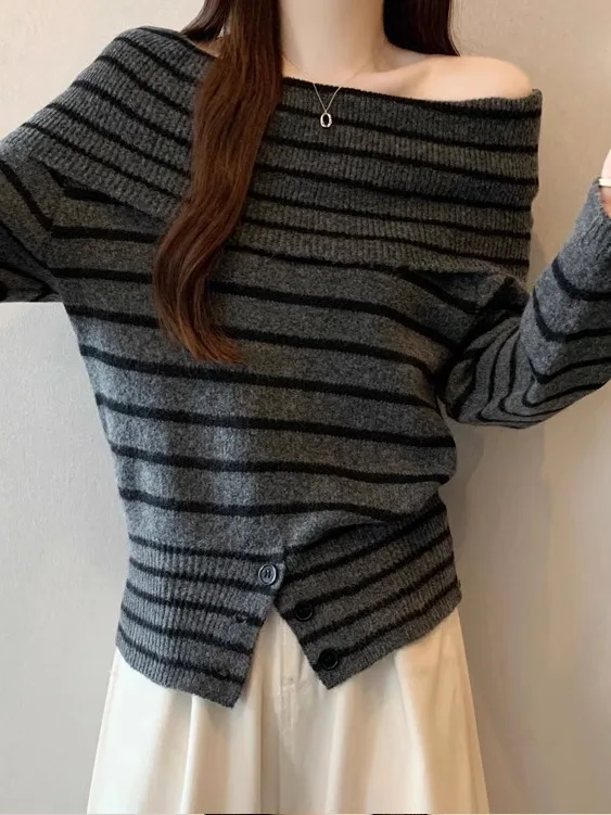 

Женский вязаный свитер Ele в полоску на одно плечо с длинным рукавом, больших размеров, осенне-зимний, приталенный, с эффектом утяжки талии