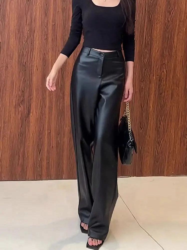 

Vintage All-match Black Straight Leather Pants Spring Autumn New High Waist Loose Drape Trouser PU Leather Women Pants Clothes