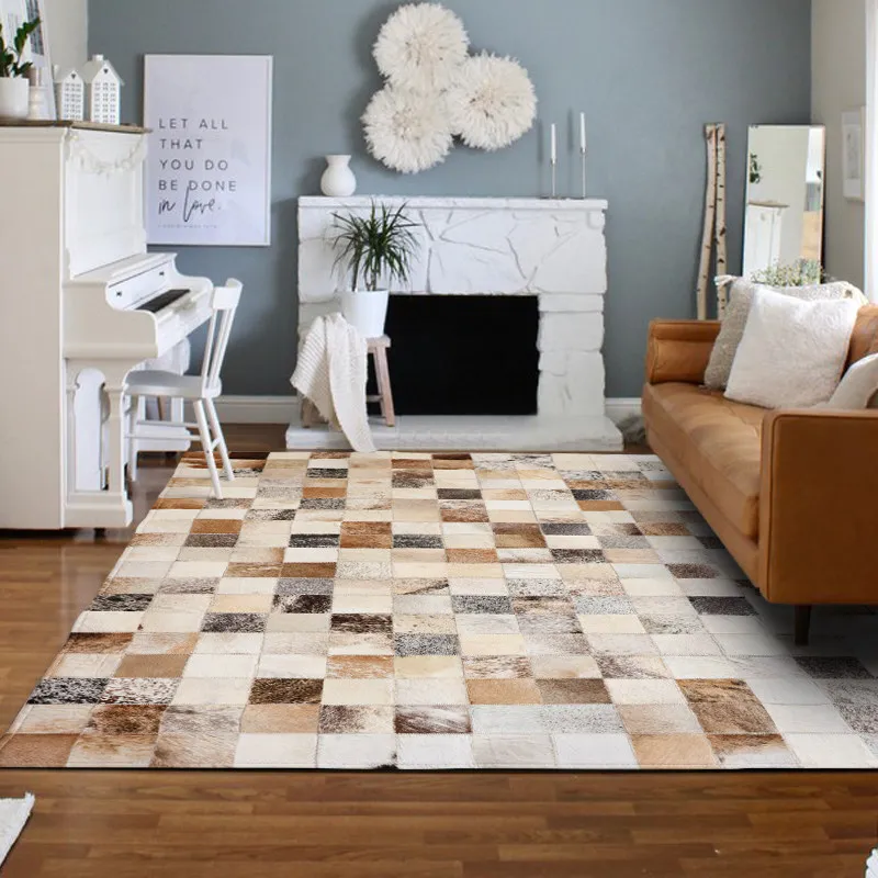 Simple Plaid Geometric Carpet Living Room Bedroom Modern Sofa Table Balcony Rug Non-slip Floor Mat Real Cowhide Home Carpets